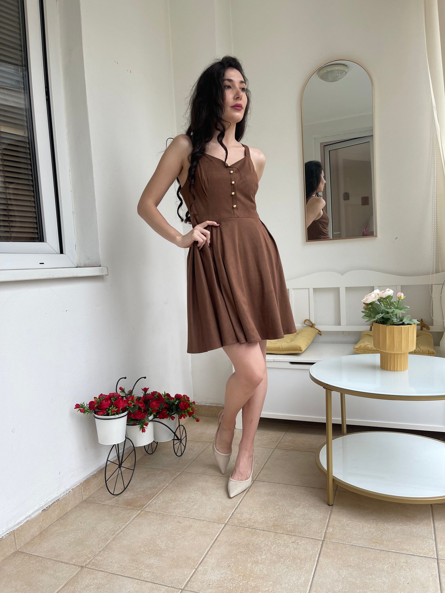 “Dalia” Pinafore In Cocoa With Pearls