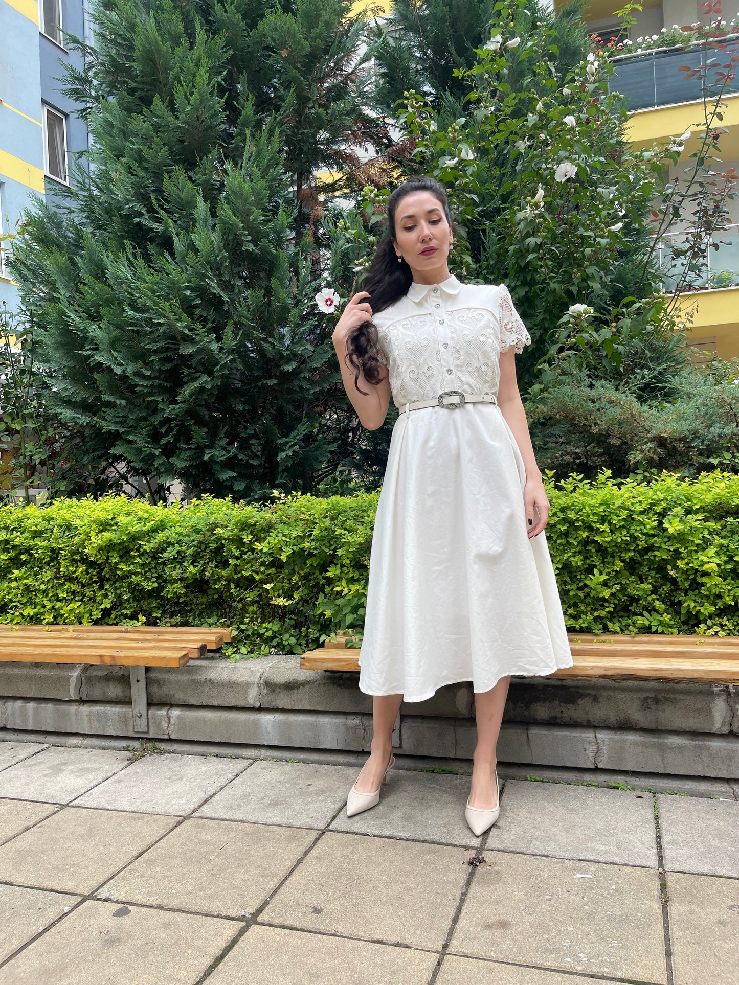 “Elena” Dress With Lace In Ivory