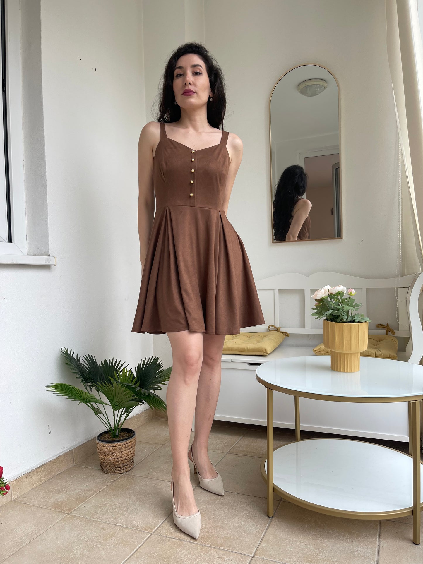 “Dalia” Pinafore In Cocoa With Pearls