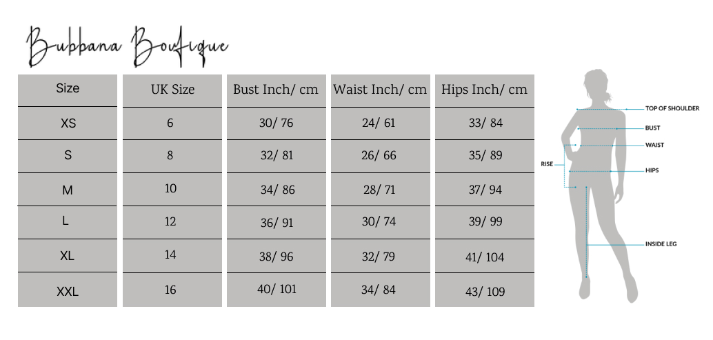 Bubbana Boutique women's size chart showing UK sizes 6 to 16 with bust, waist and hips measurements in inches and centimetres, alongside a female silhouette guide