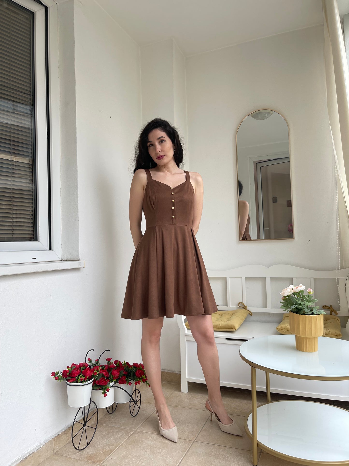 “Dalia” Pinafore In Cocoa With Pearls