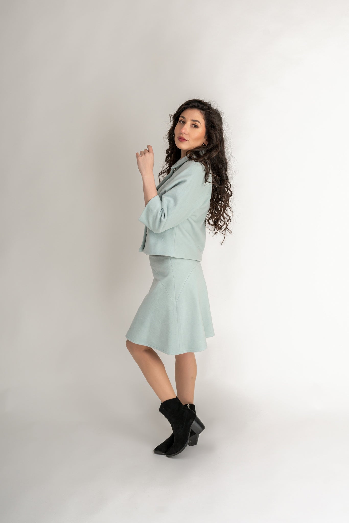 “Tiara“ Coat / “Arielle“ Skirt 100 % Wool Set In Aquamarine