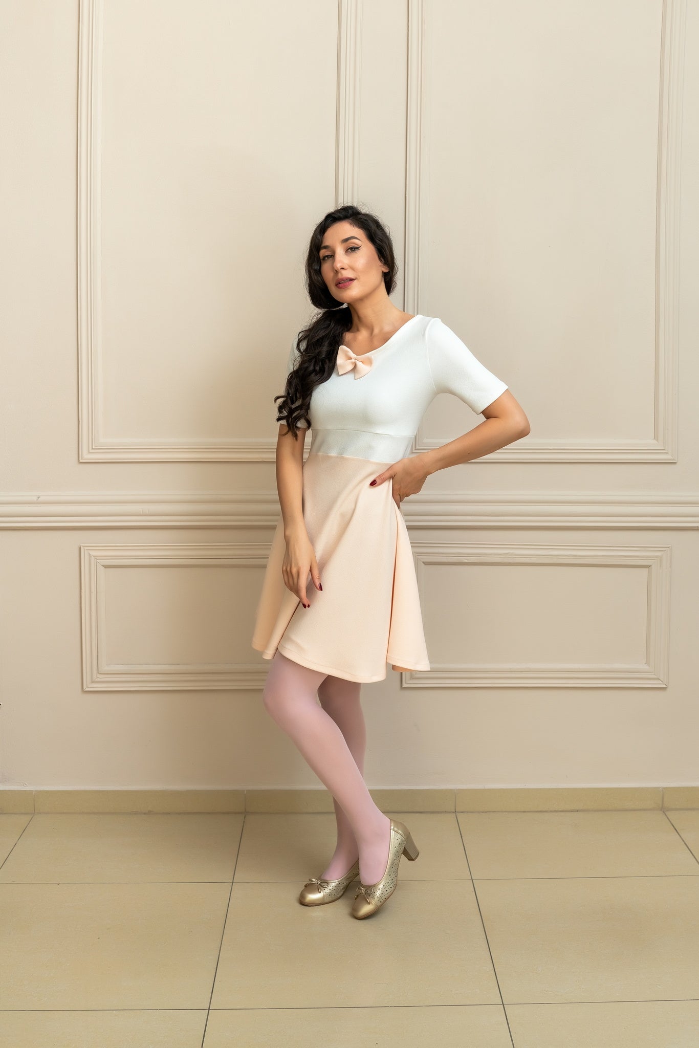 "Meli" Coquette Bow Dress In Ivory And Rose Pink