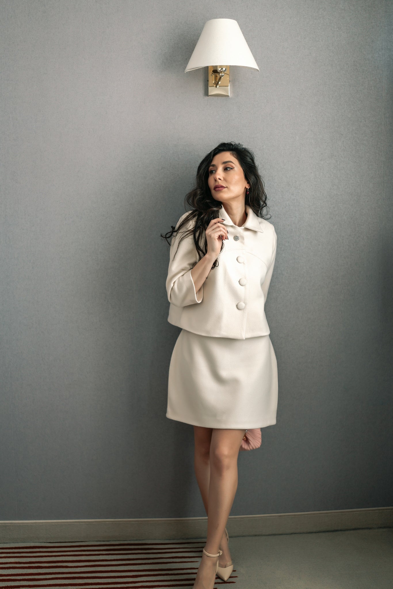 “Diamantée“ Wool Coat Set With “ Coupé “ Skirt In Ivory