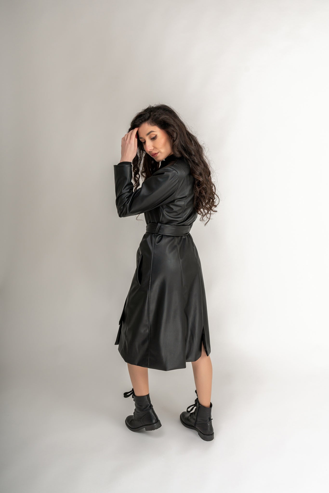"Chelsea" Faux Leather Trench Coat In Black