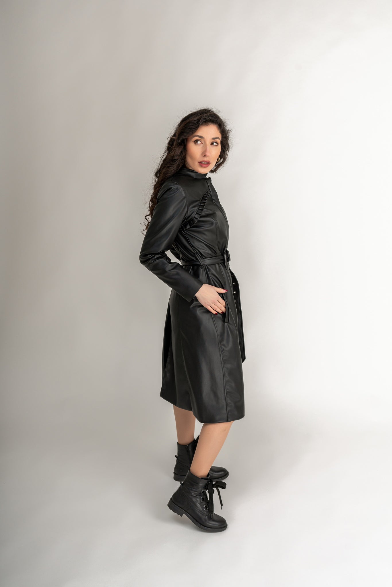 "Chelsea" Faux Leather Trench Coat In Black