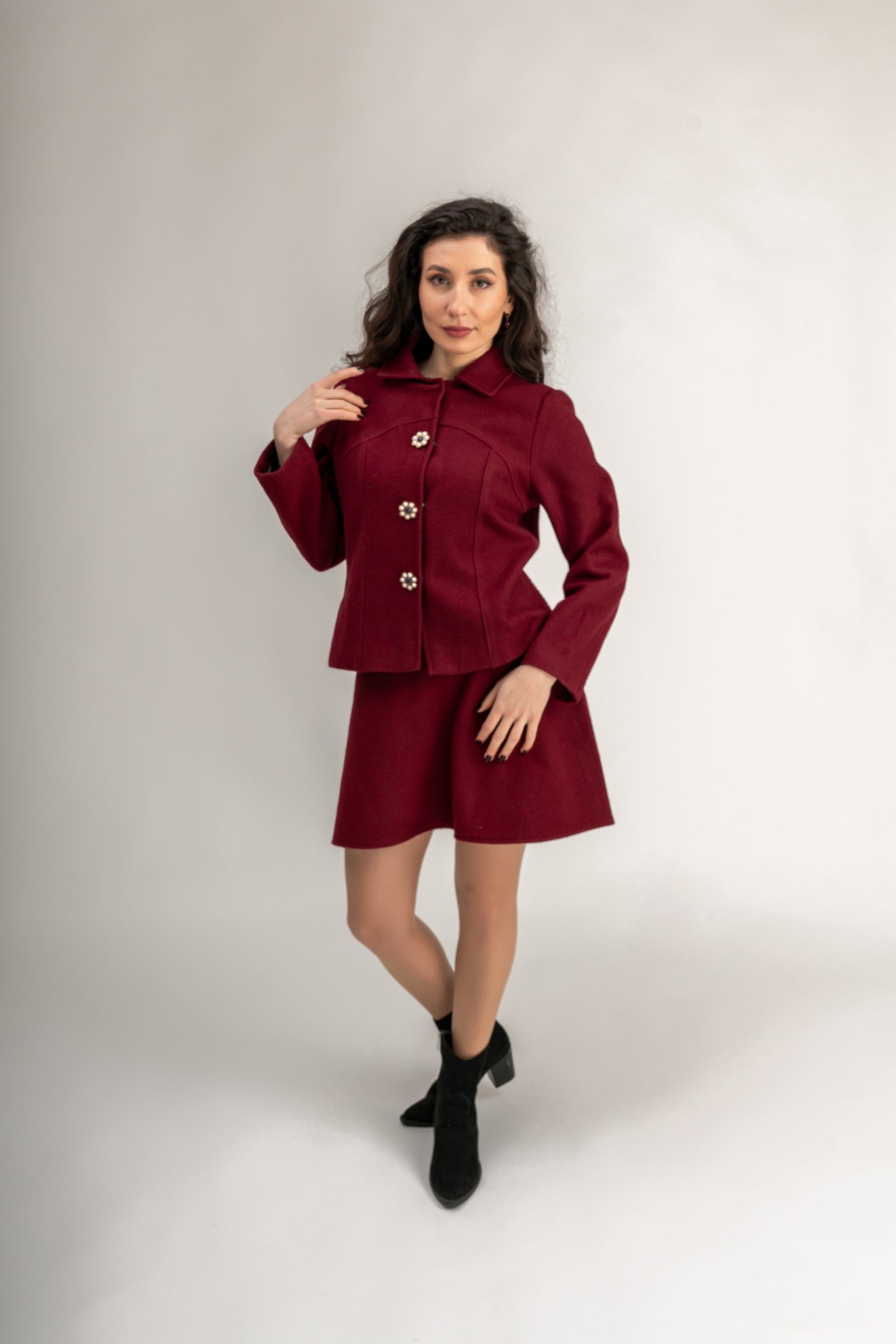 "Daisy" Coat Pearl Buttons In Burgundy