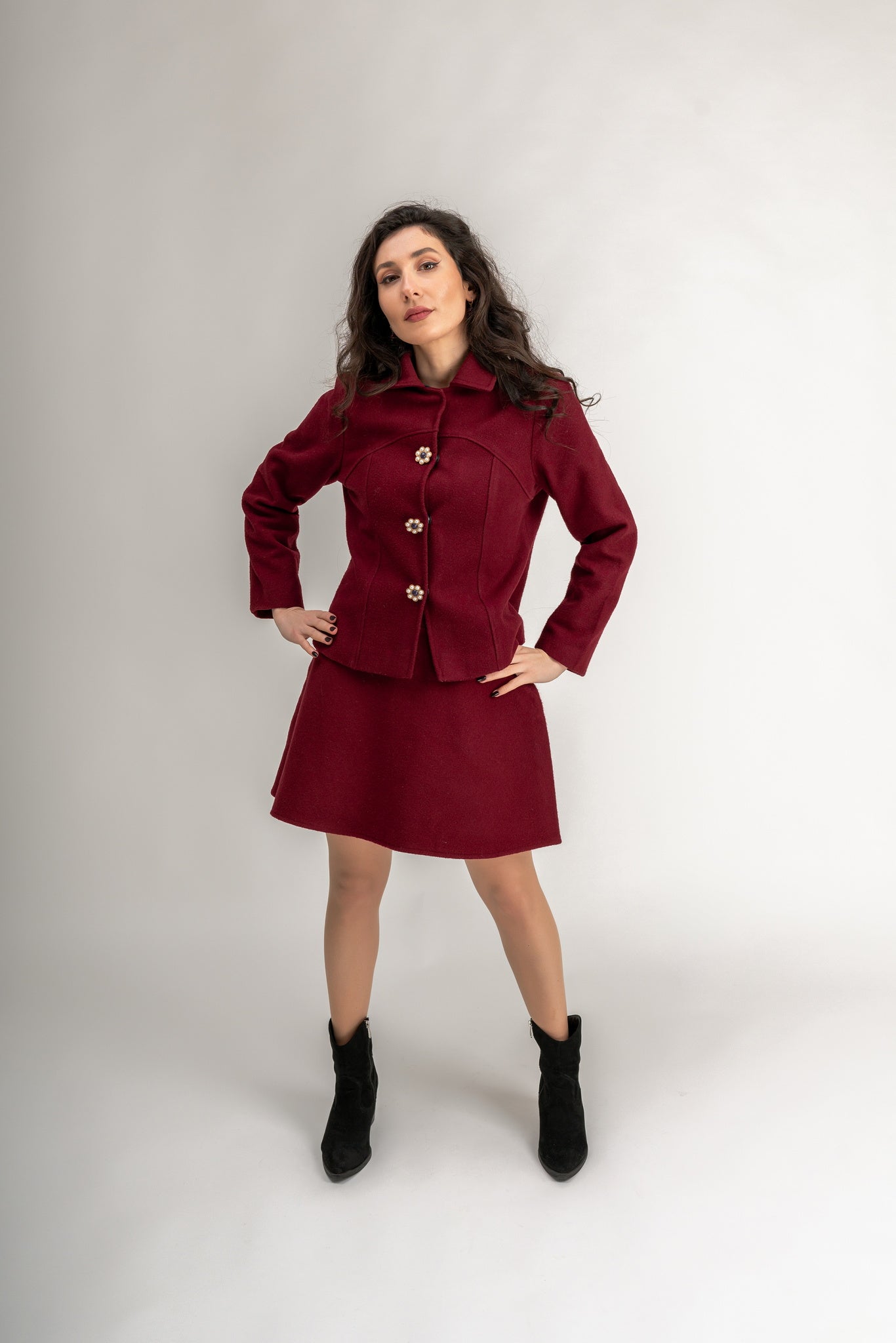 "Daisy" Coat Pearl Buttons In Burgundy