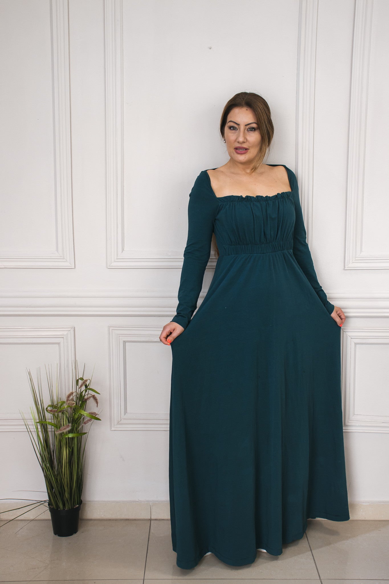 “Venezia” Everyday Long Dress In Green Charcoal