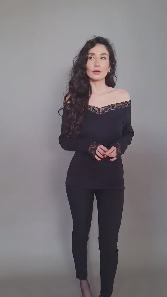 V Neck Feminine Blouse Long Sleeves Elegant Top Casual Blouse Lace Details - video of model showing the blouse