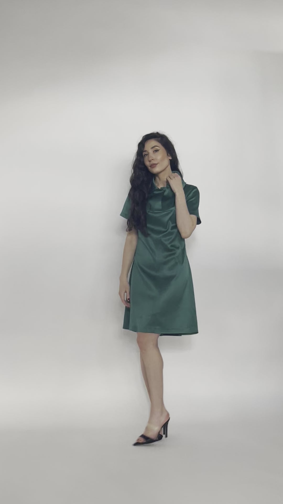 Emerald Green Stud Collar Shirt Dress - video of model showing the shirt dress