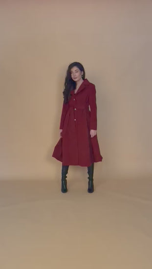"Sloane" Coat 100% Wool With Lining in Red Brick Colour - video of model showing front and back of the coat