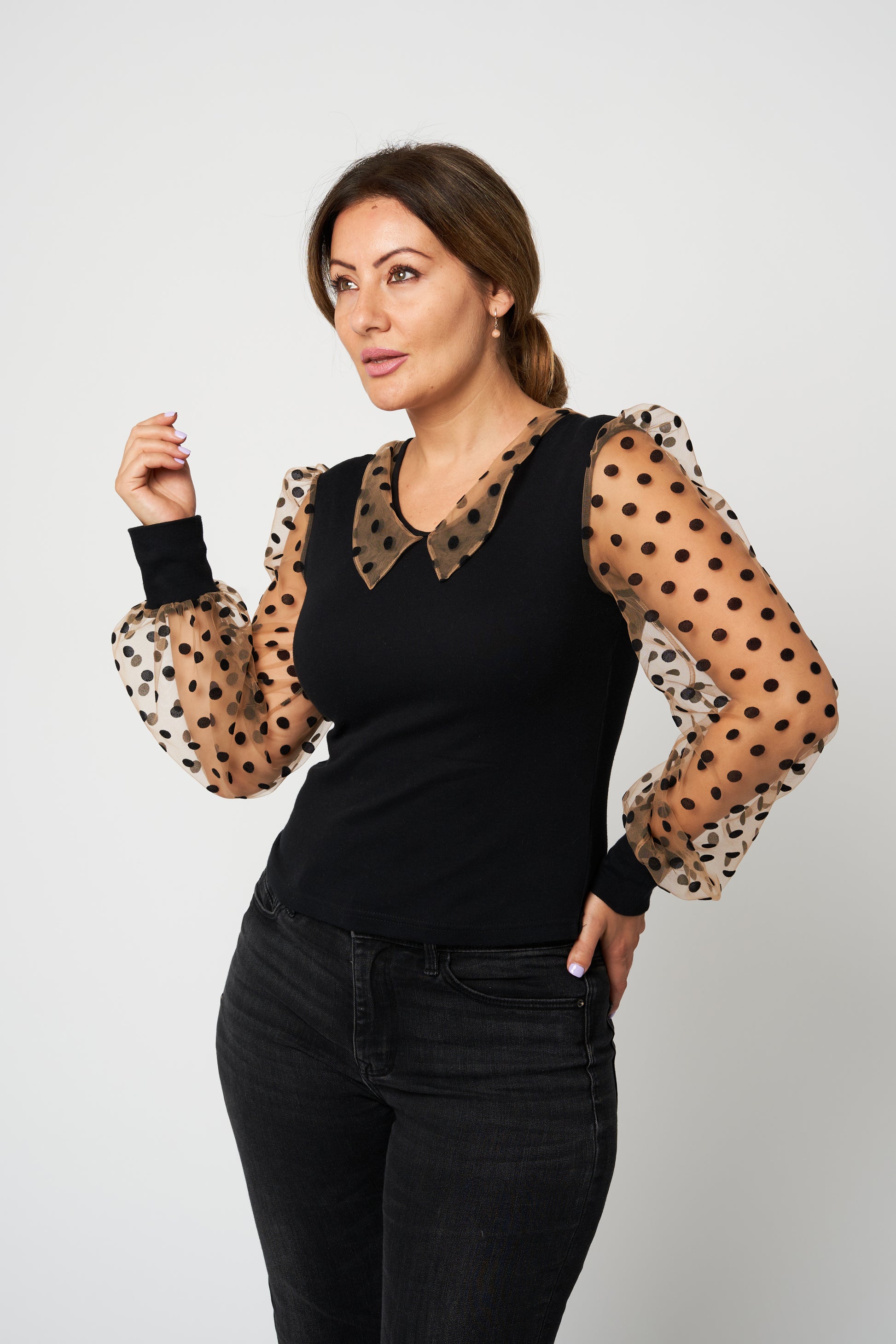 "Sensual Touch" Polka Dot Blouse Collard Neckline Sheer Sleeves Top - front