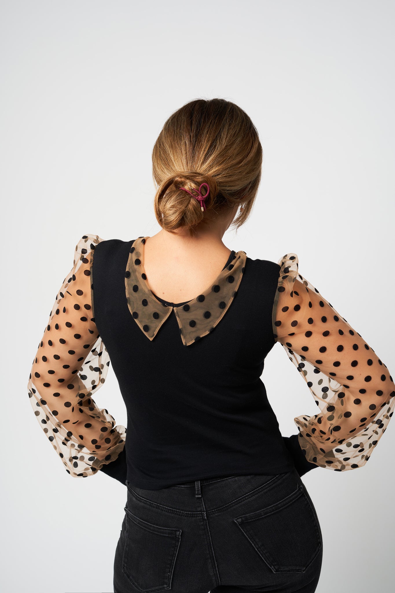 "Sensual Touch" Polka Dot Blouse Collard Neckline Sheer Sleeves Top - back