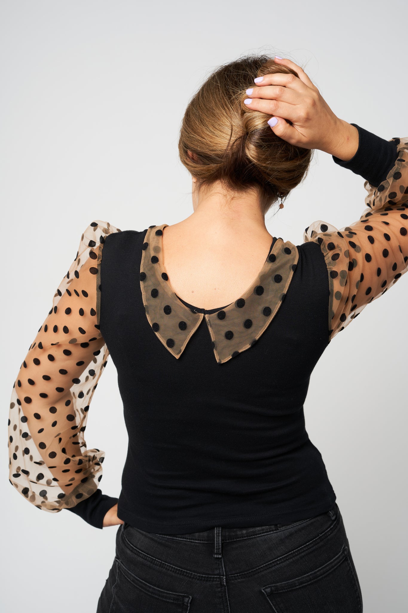 "Sensual Touch" Polka Dot Blouse Collard Neckline Sheer Sleeves Top - back 2