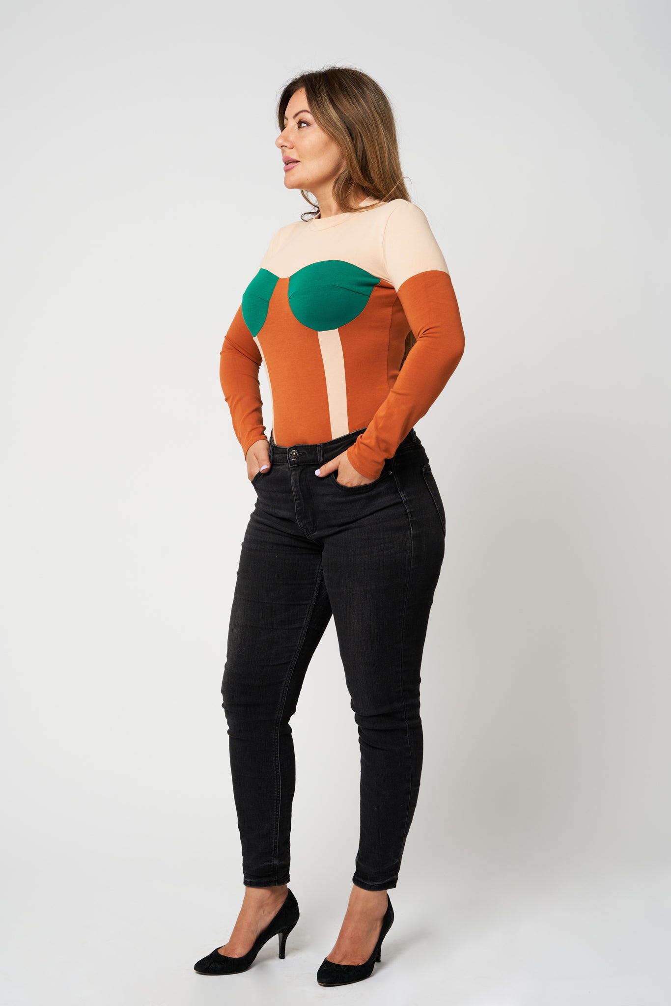 "Sloane" Bodysuit Crew Neck Corset Inspired Body Emerald Green Cups - front tilted to the left