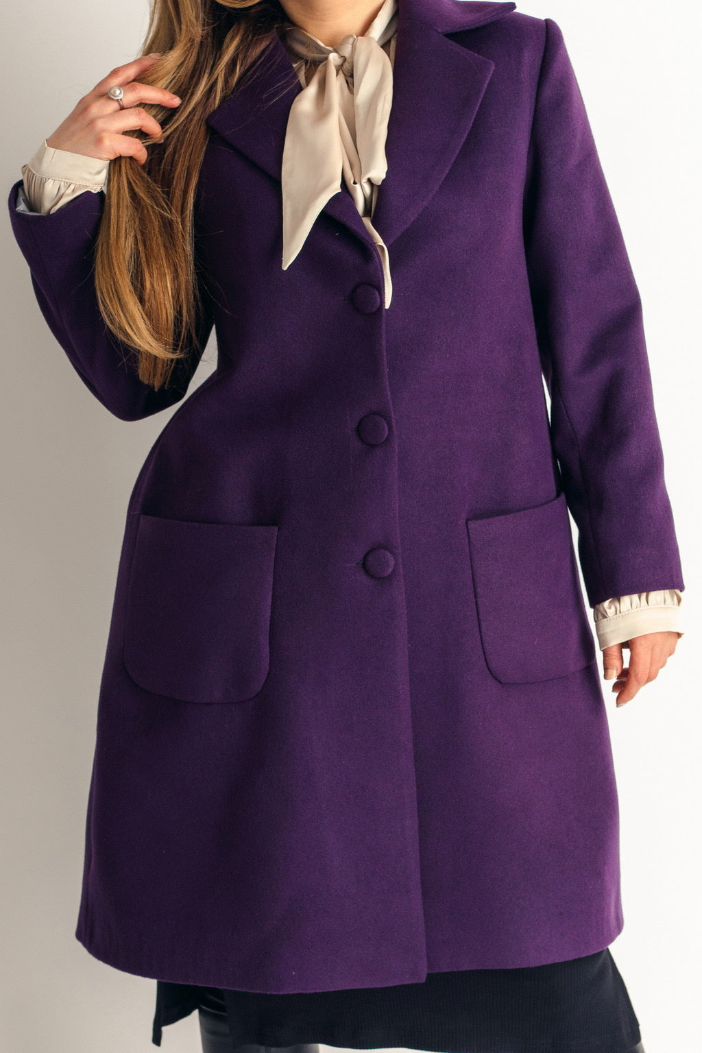 Products Spring Coat Light Wool Patch Pockets Coat In Deep Purple - front zoomed