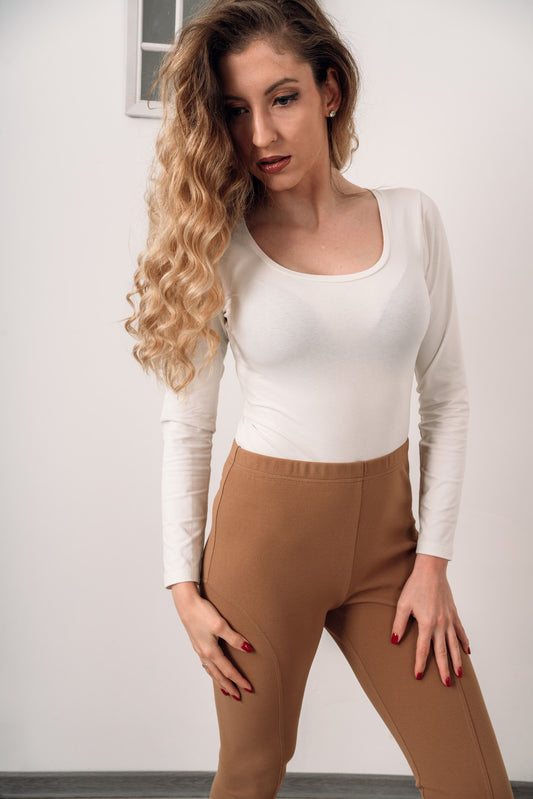 Scoop Neck Bodysuit Dusty White Curved Decollate Top - front