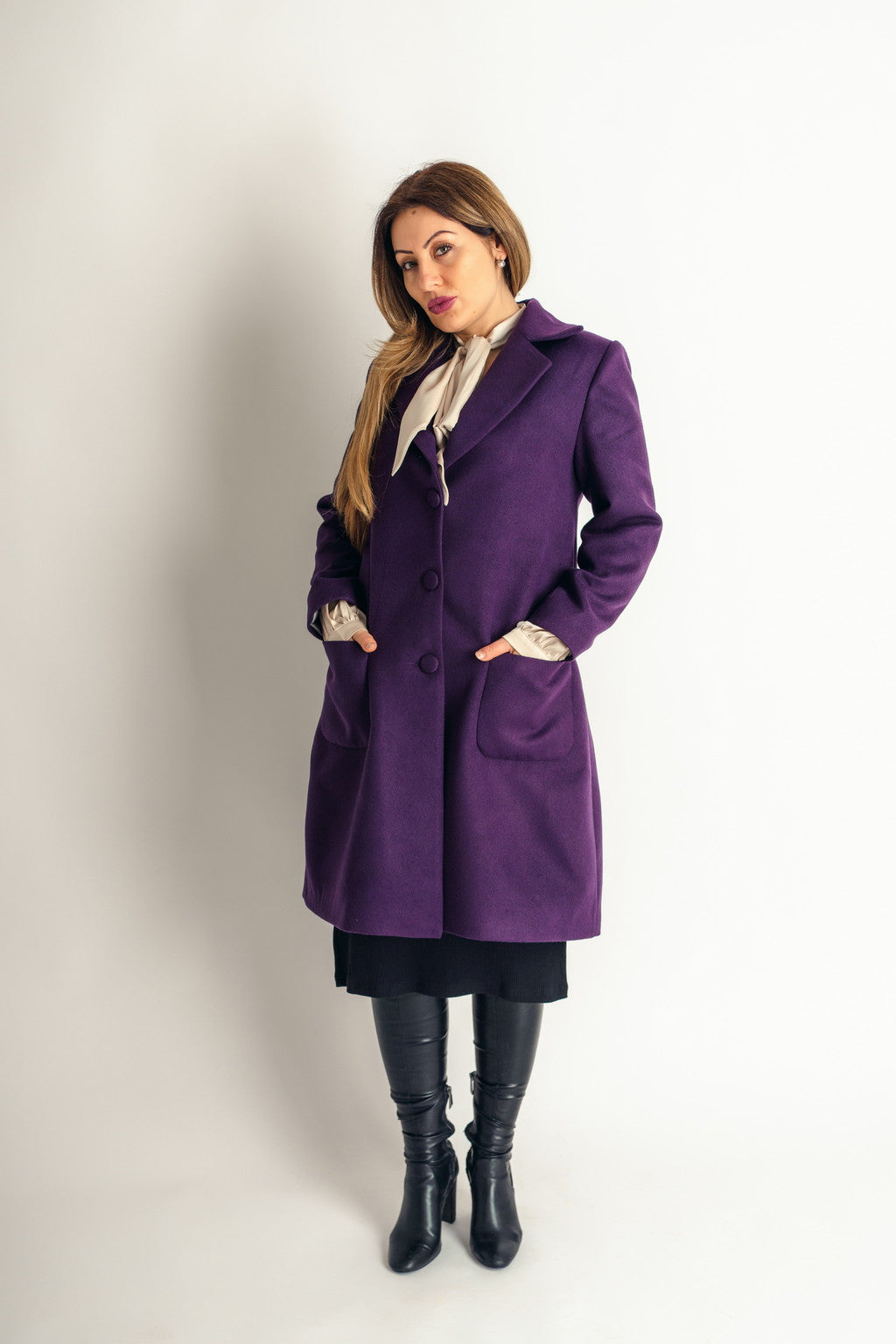 Products Spring Coat Light Wool Patch Pockets Coat In Deep Purple - front pockets