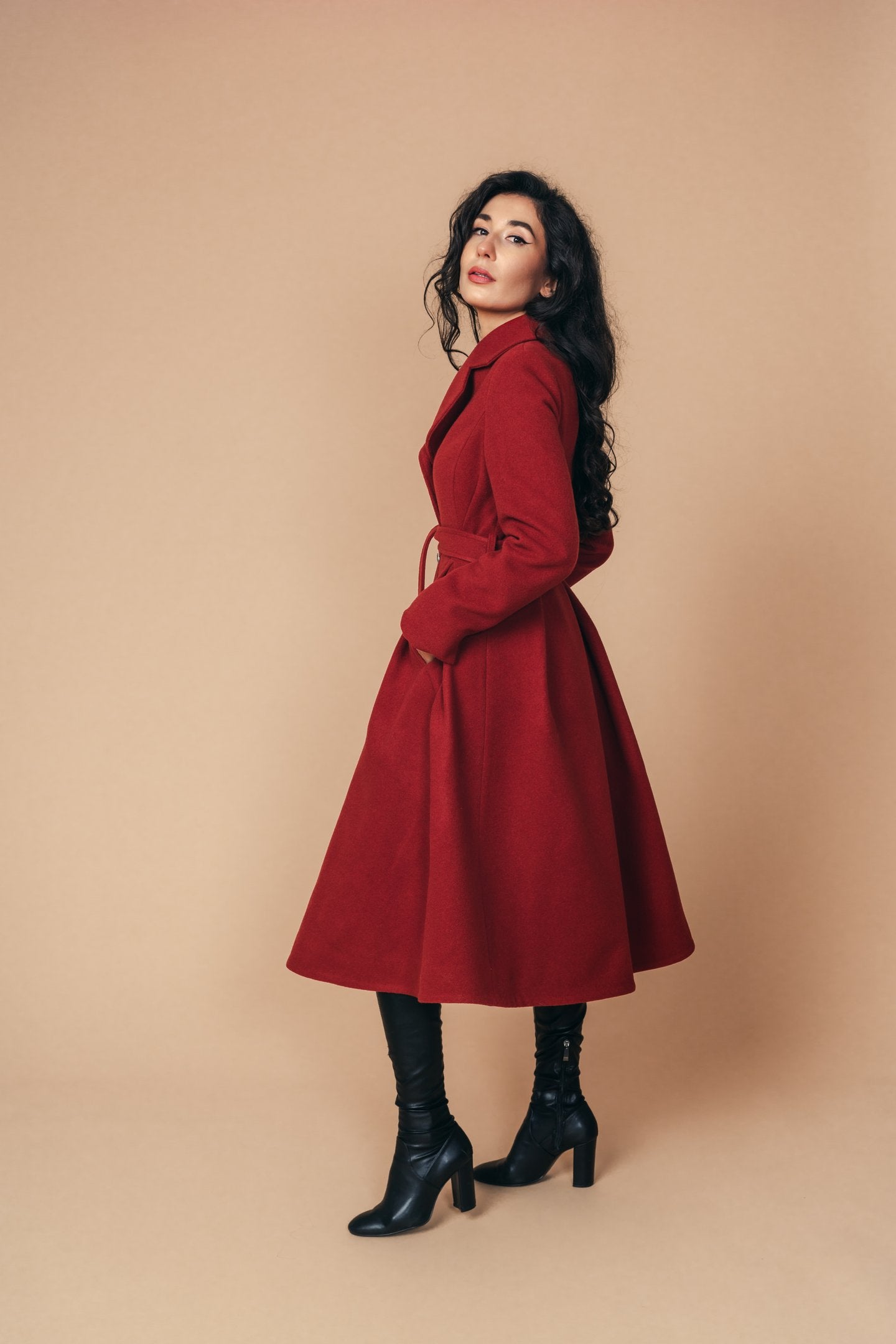 "Sloane" Coat 100% Wool With Lining in Red Brick Colour - front left shoulder side view
