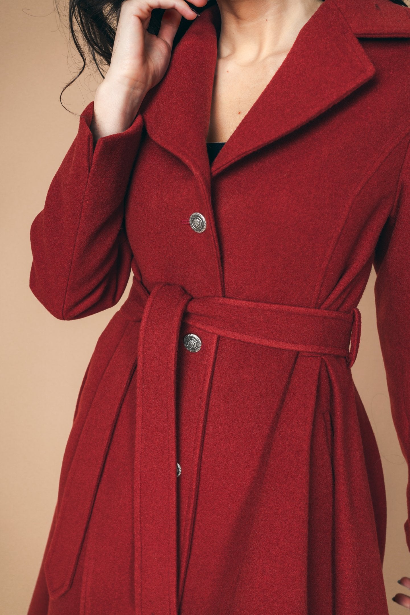 "Sloane" Coat 100% Wool With Lining in Red Brick Colour - front zoomed torso