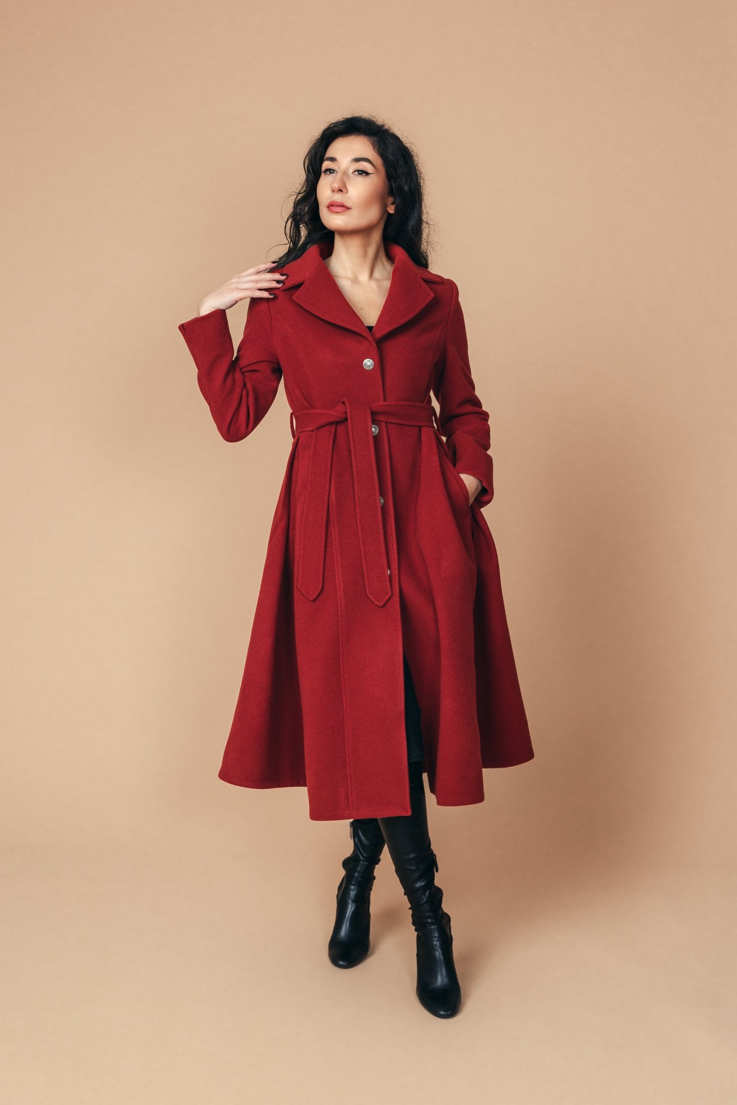 "Sloane" Coat 100% Wool With Lining in Red Brick Colour - front 3