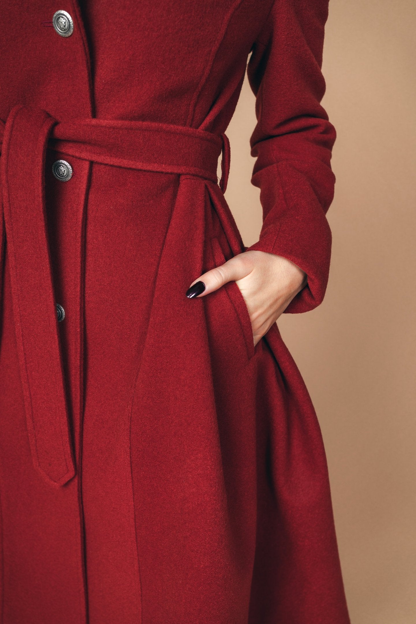 "Sloane" Coat 100% Wool With Lining in Red Brick Colour - front zoomed left pocket