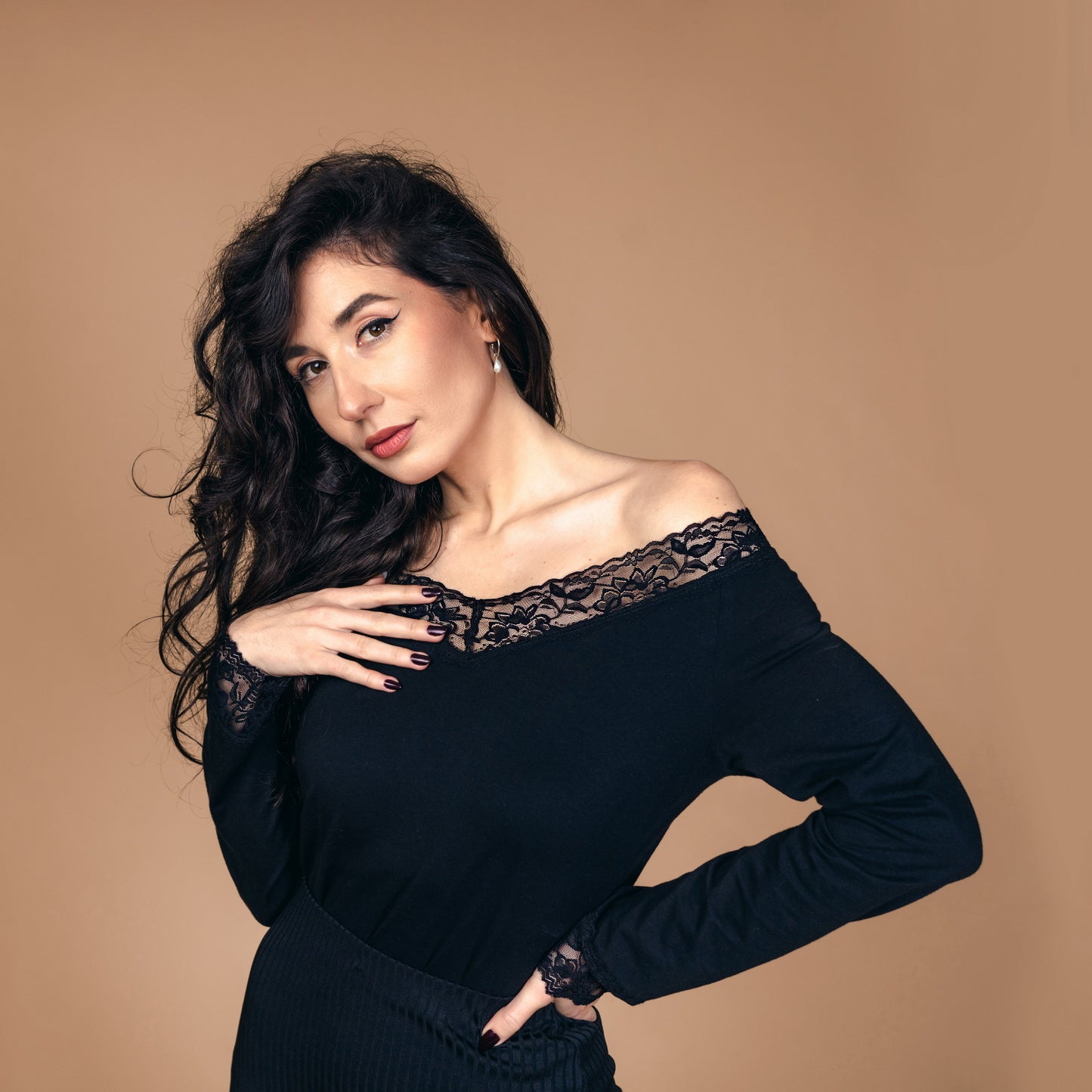 V Neck Feminine Blouse Long Sleeves Elegant Top Casual Blouse Lace Details - front zoomed