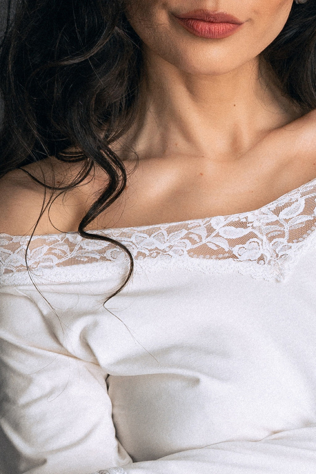 V Neck Feminine Blouse Long Sleeves Elegant Top Casual Blouse Lace Details - front white