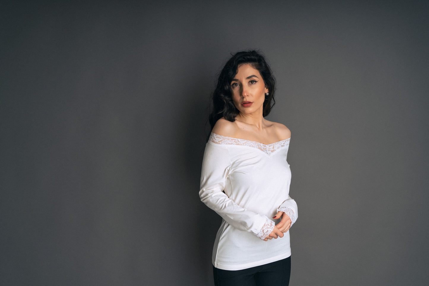 Feminine Lace Blouse V-Neck " Sensual Touch" In White Colour - front side view