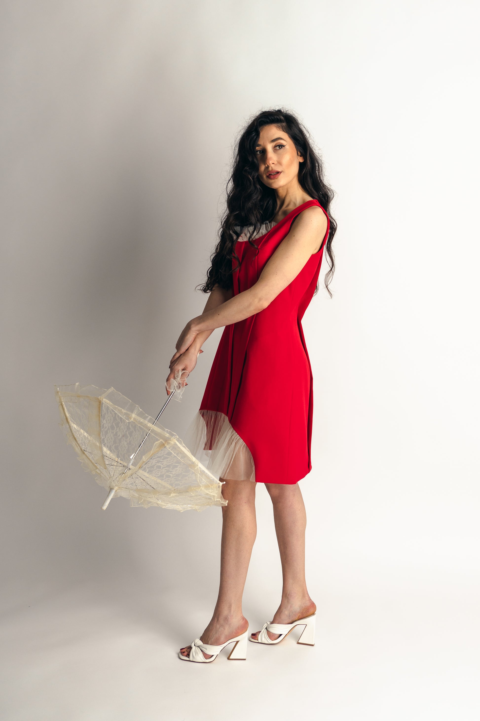 "Mon Paris" Romantic Dress Pleated Design Couture Dress In Red - front left arm 
