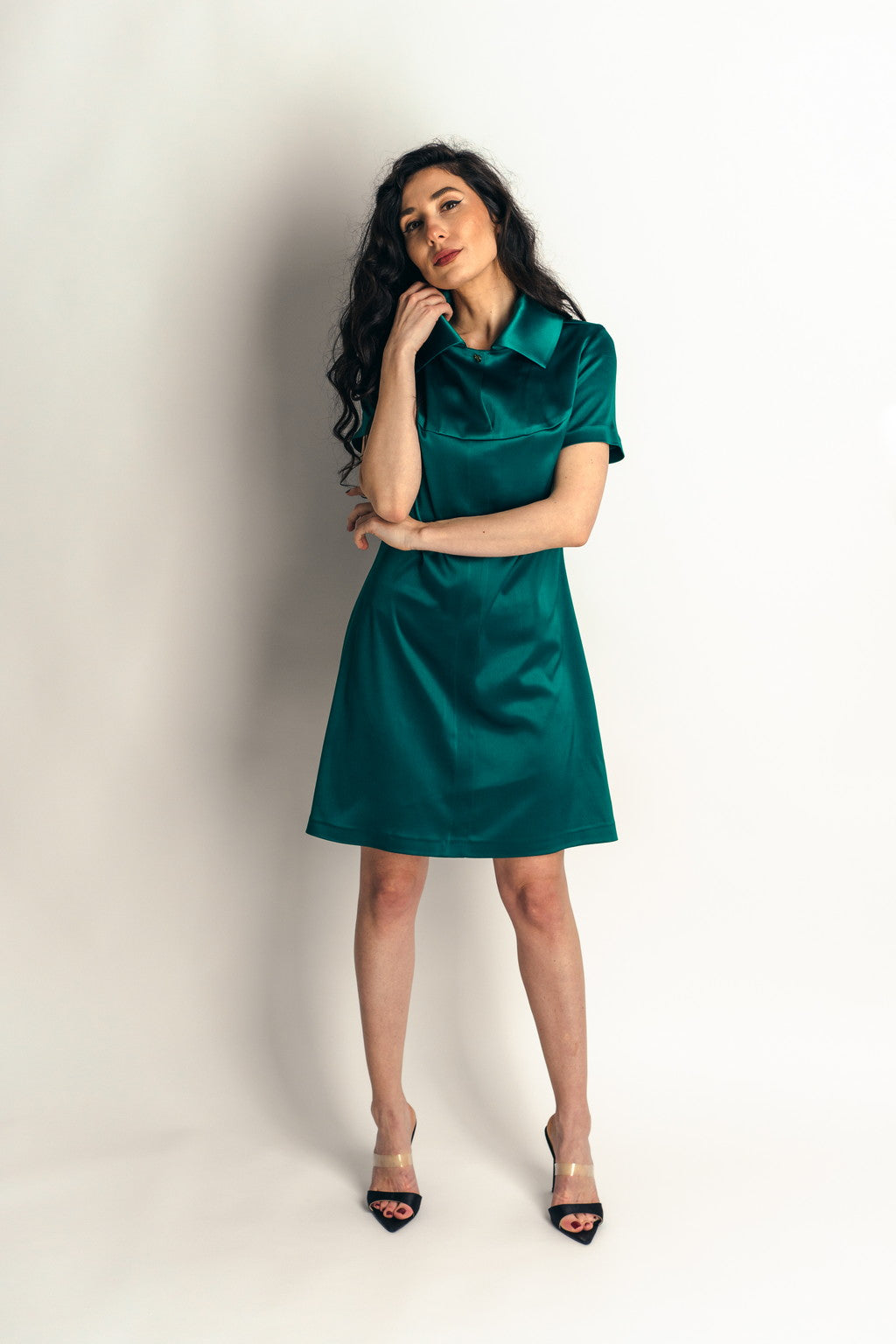Emerald Green Stud Collar Shirt Dress - front
