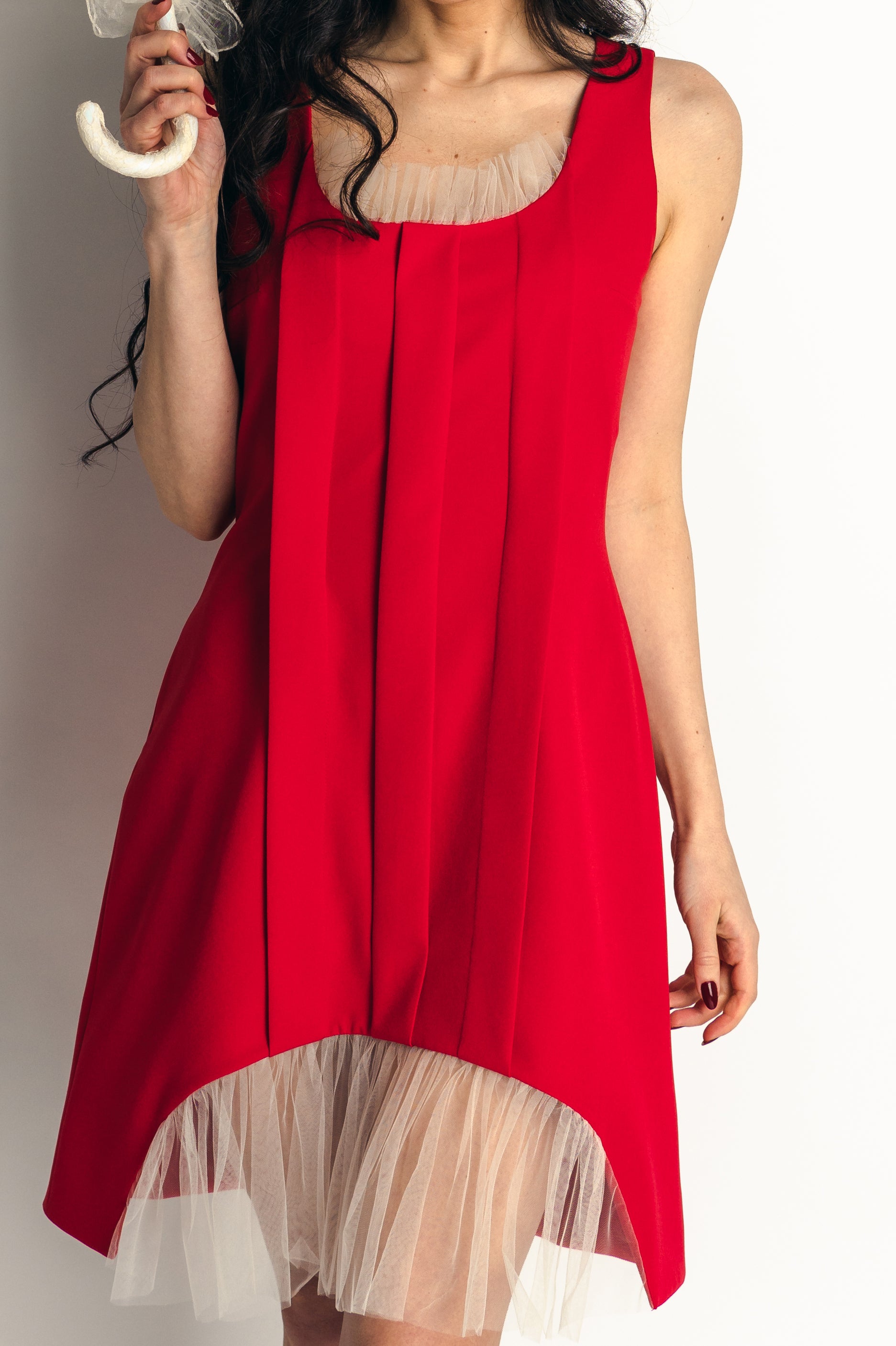 "Mon Paris" Romantic Dress Pleated Design Couture Dress In Red - front torso zoomed