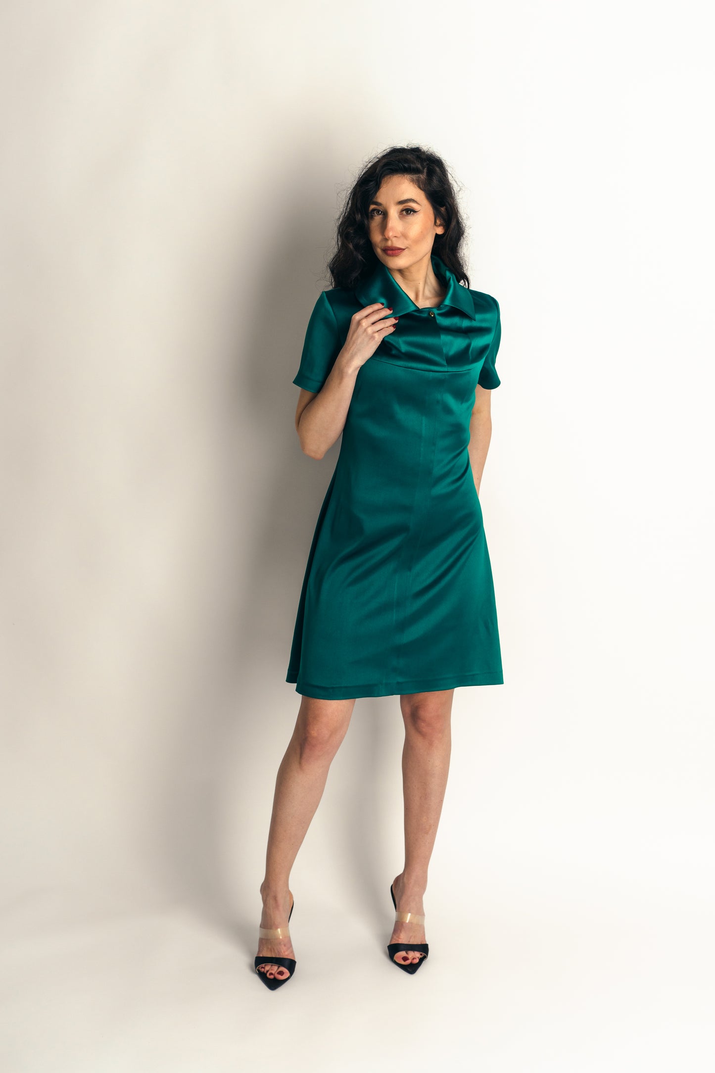 Emerald Green Stud Collar Shirt Dress - front