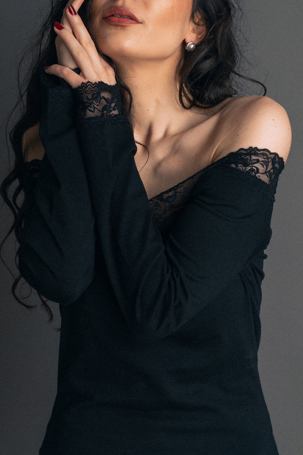 Feminine Lace Blouse V-Neck " Sensual Touch" In White Colour - front black color