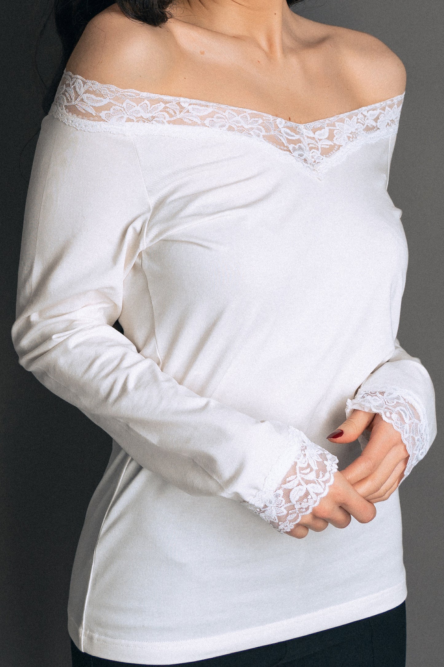Feminine Lace Blouse V-Neck " Sensual Touch" In White Colour - front zoomed
