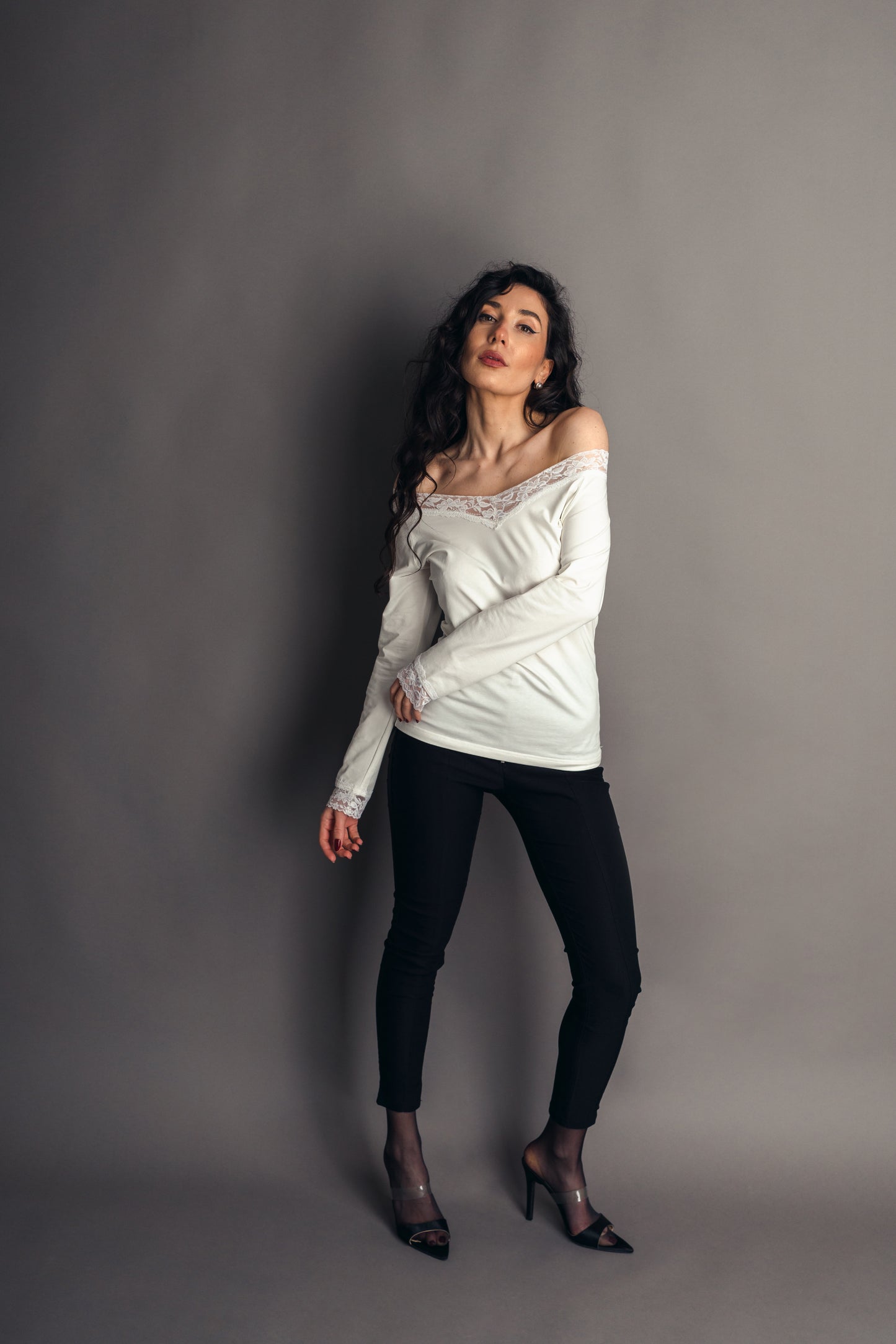 Feminine Lace Blouse V-Neck " Sensual Touch" In White Colour - front full body view