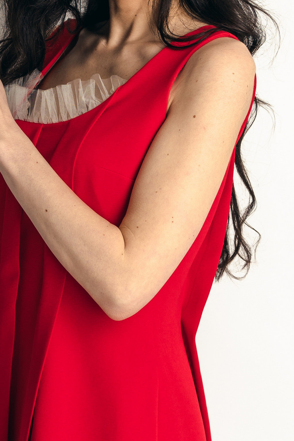 "Mon Paris" Romantic Dress Pleated Design Couture Dress In Red - front left arm zoomed 2