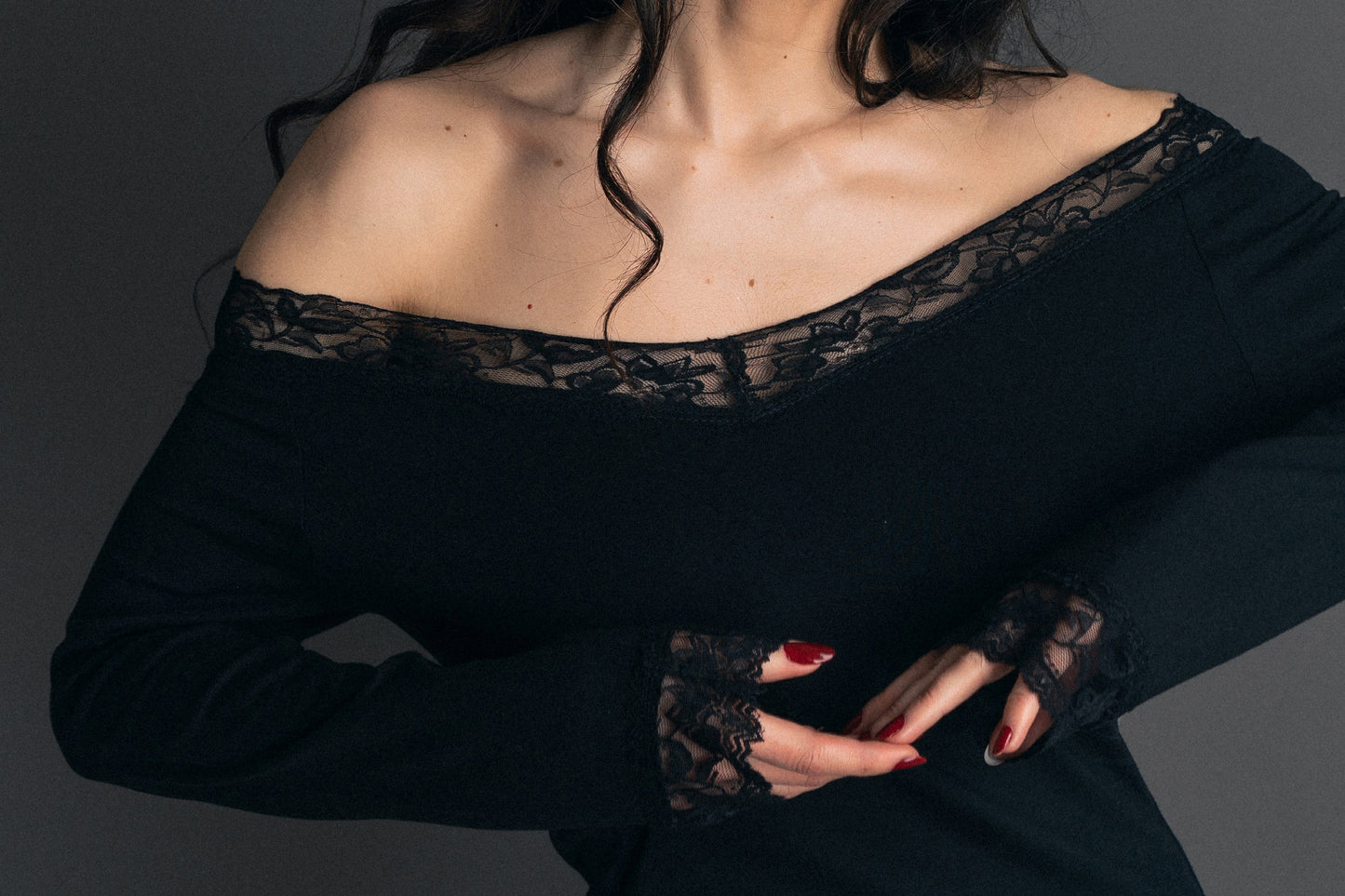 V Neck Feminine Blouse Long Sleeves Elegant Top Casual Blouse Lace Details - front zoomed