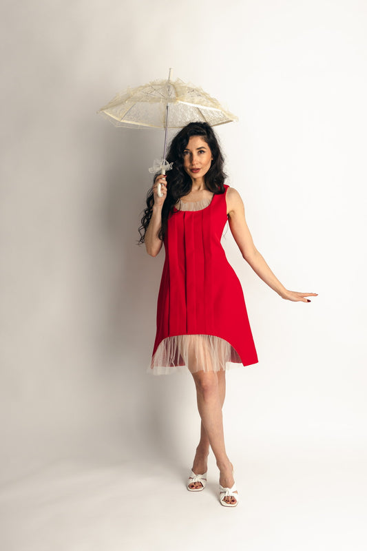 "Mon Paris" Romantic Dress Pleated Design Couture Dress In Red - front