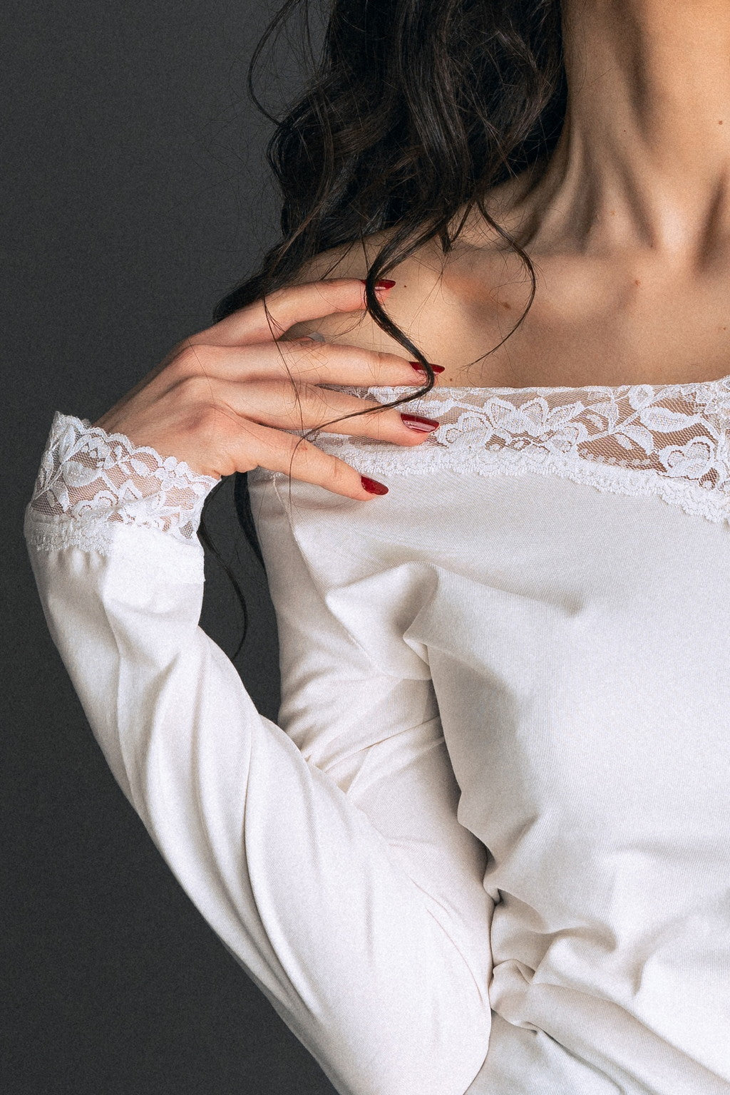 Feminine Lace Blouse V-Neck " Sensual Touch" In White Colour - front shoulder zoomed