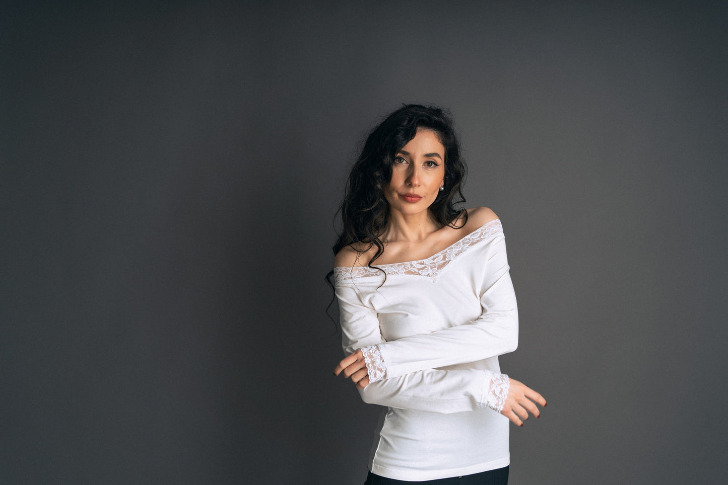 Feminine Lace Blouse V-Neck " Sensual Touch" In White Colour - front