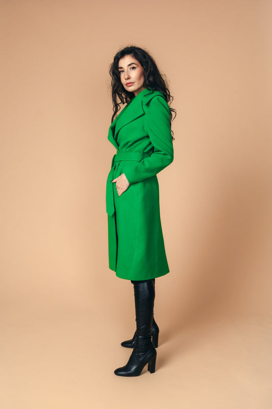 Wide Notch Collar Coat Emerald Green Wool Blend Winter Coat - side