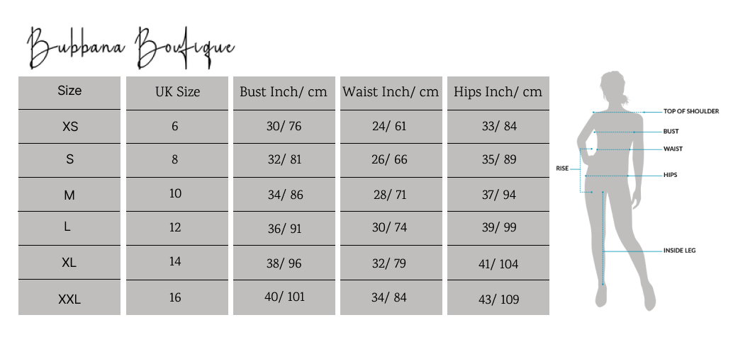 Flared skirt size guide from Bubbana boutique 