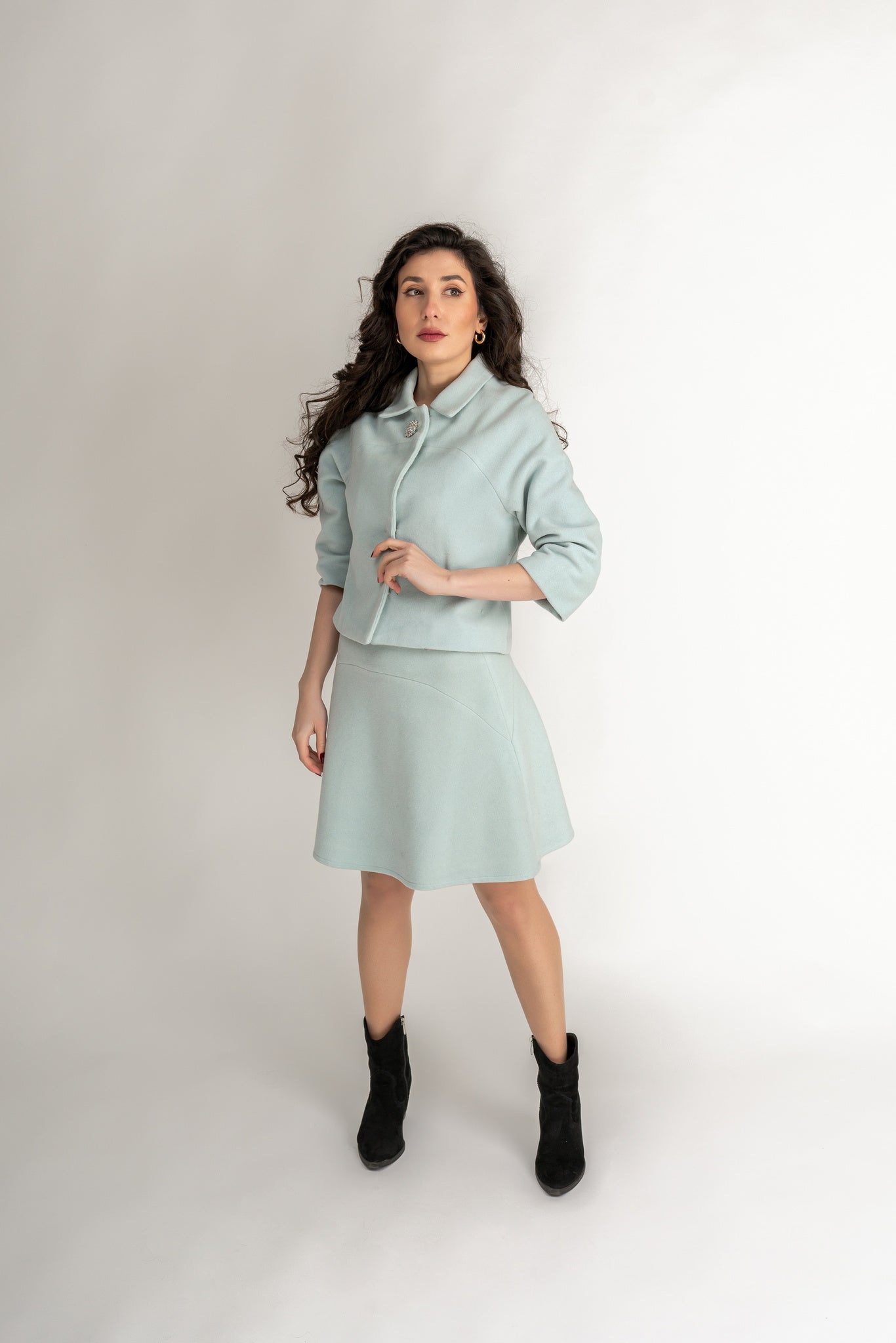 Ensemble Manteau « Tiara » / Jupe « Arielle » 100 % Laine En Aigue-marine