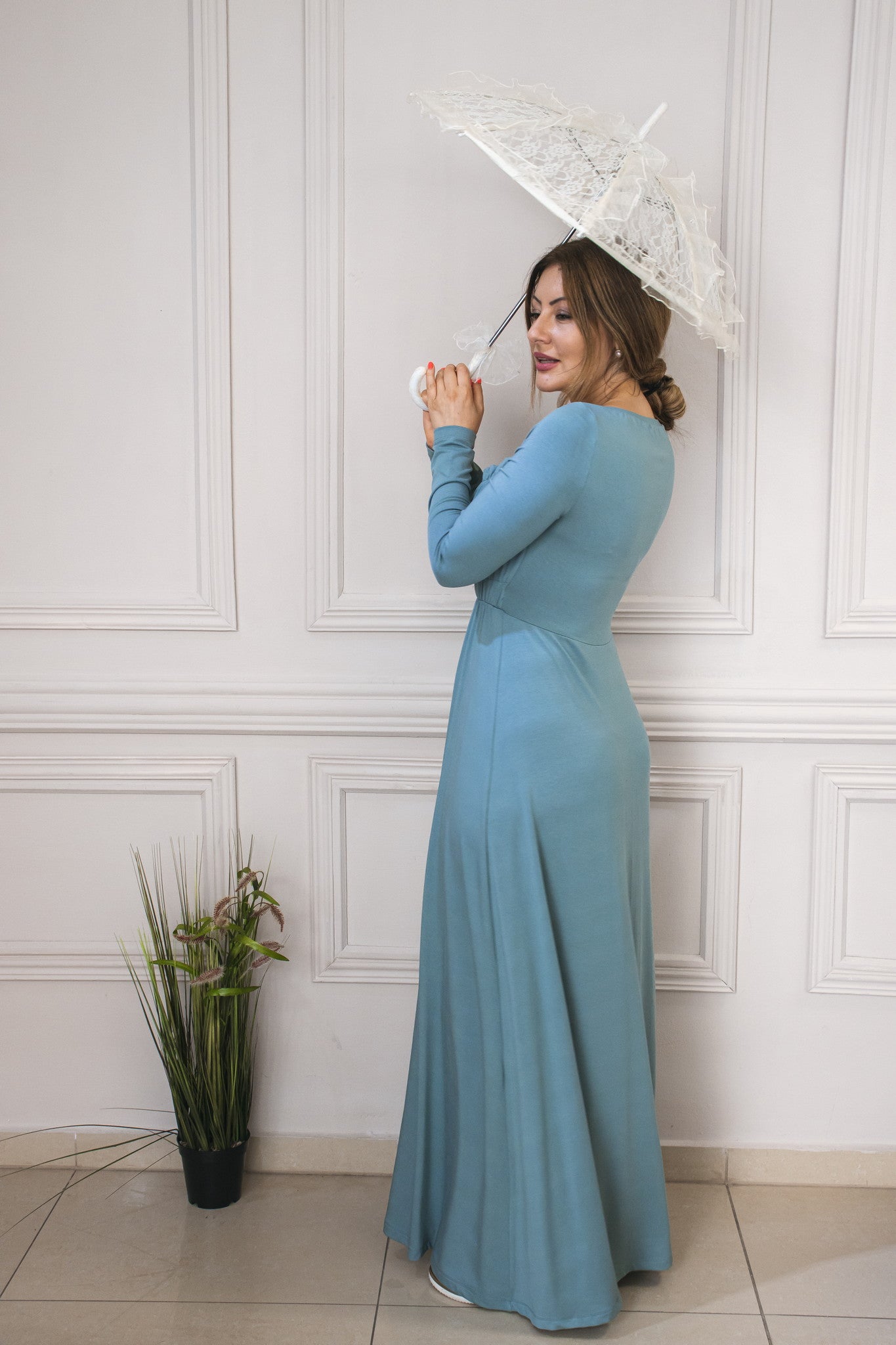 ash blue dress Dusty Blue Bridesmaid Dress Crepe Size XS