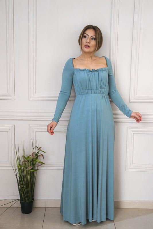 Venezianisches langes Kleid aus Stretch-Jersey mit Rüschen, tiefem Dekolleté, gemütliches Kleid, Größe beim Modell S/M