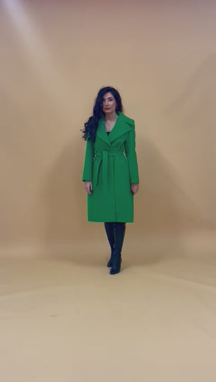 Wide Notch Collar Coat Emerald Green Wool Blend Winter Coat - video of model showing the coat