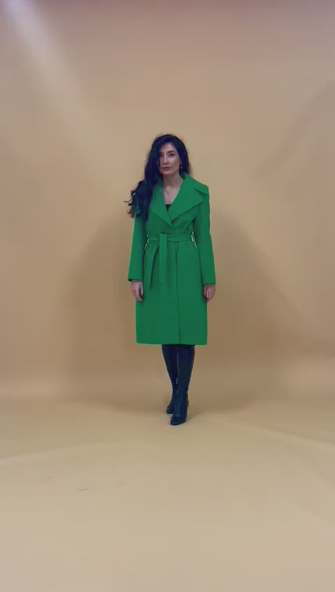 Wide Notch Collar Coat Emerald Green Wool Blend Winter Coat - video of model showing the coat