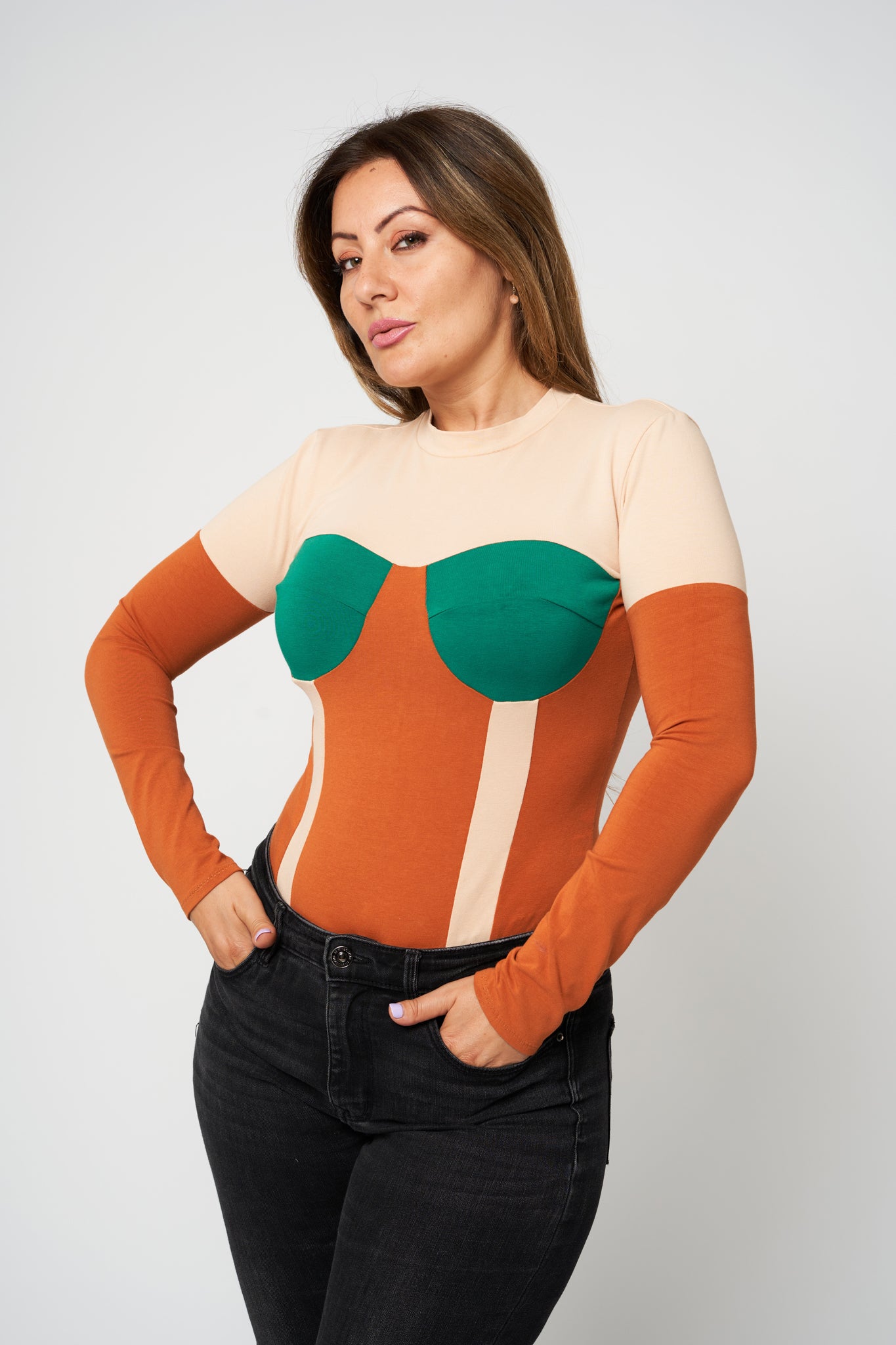 "Sloane" Bodysuit Crew Neck Corset Inspired Body Emerald Green Cups - front